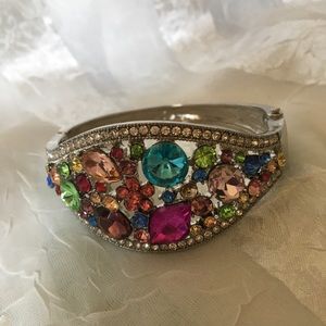 Rhinestone Filigree Multi Color Stones Silver Tone Spring Closure Bracelet